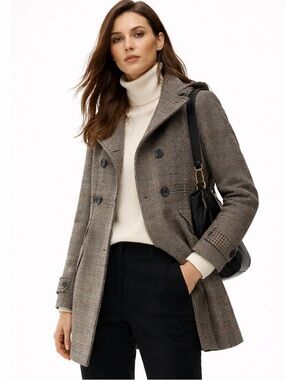 🍂 ZARA Hooded Double Breasted Plaid  Wool Coat